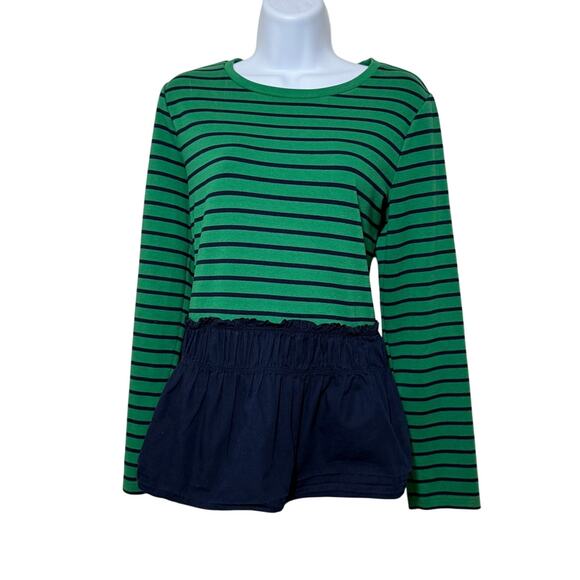 Crown & Ivy Green Navy Striped Blouse Medium – Preppy Peplum Contrast Hem - Picture 1 of 7